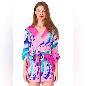 Yumi Kim Liz Pink Feather Print Tropical Silk Romper Tie Waist XS